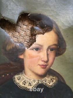 Jeune fille assise Huile ancienne XIXème, à restaurer