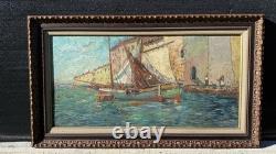 Joseph HURARD (1887-1956) Tableau ancien signé Huile panneau Paysage Bateaux mer