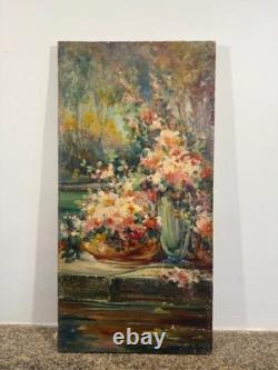 Jules IZIER (XIX-XX) Ancienne huile sur toile signée paysage bouquet fleuri