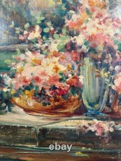 Jules IZIER (XIX-XX) Ancienne huile sur toile signée paysage bouquet fleuri