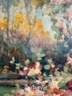 Jules IZIER (XIX-XX) Ancienne huile sur toile signée paysage bouquet fleuri