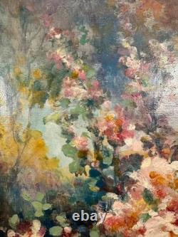 Jules IZIER (XIX-XX) Ancienne huile sur toile signée paysage bouquet fleuri