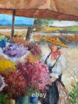 Le Marché Aux Fleurs, Scène Animée Tableau Ancien Huile XX Restaurer
