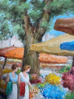 Le Marché Aux Fleurs, Scène Animée Tableau Ancien Huile XX Restaurer