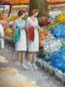Le Marché Aux Fleurs, Scène Animée Tableau Ancien Huile XX Restaurer