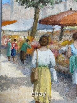 Le Marché Aux Fleurs, Scène Animée Tableau Ancien Huile XX Restaurer