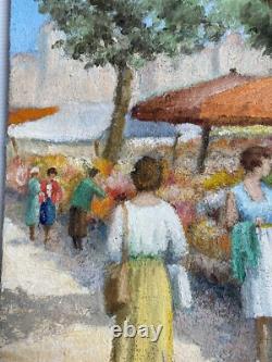 Le Marché Aux Fleurs, Scène Animée Tableau Ancien Huile XX Restaurer