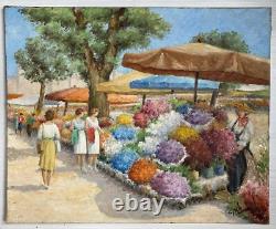 Le Marché Aux Fleurs, Scène Animée Tableau Ancien Huile XX Restaurer