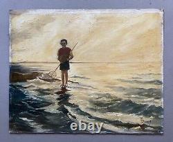 Le Petit Pêcheur, Huile Sur Toile Signée M. Durand 1932, Tableau Ancien, XXe