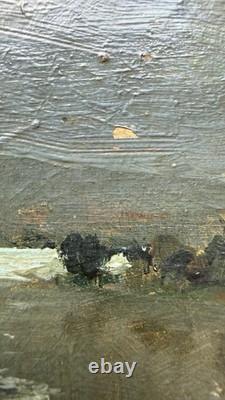 Léon Broquet Tableau ancien signé Huile Romantique Barque au Clair de Lune