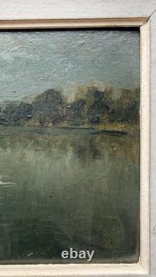 Léon Broquet Tableau ancien signé Huile Romantique Barque au Clair de Lune