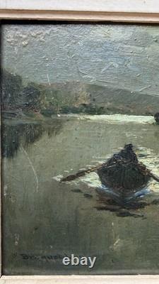 Léon Broquet Tableau ancien signé Huile Romantique Barque au Clair de Lune