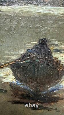 Léon Broquet Tableau ancien signé Huile Romantique Barque au Clair de Lune