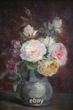 Mariette Romiée, Liège, XIX-XXe, Tableau ancien, Bouquet roses, Huile sur toile