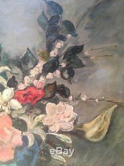 Marthe LEBASQUE (1895-) Tableau ancien Bouquet de fleurs Huile sur toile