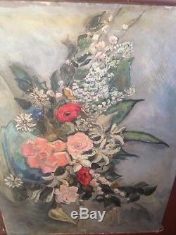 Marthe LEBASQUE (1895-) Tableau ancien Bouquet de fleurs Huile sur toile