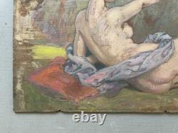 Nymphe et putto, école symboliste, huile sur panneau, tableau ancien, peinture