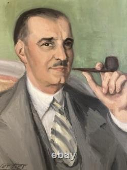 Painting Peinture 1940 Huile Sur Toile Portrait Homme Pipe Ancien Art Deco Old