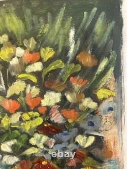 Painting Peinture 1960 Huile Sur Papier Expressioniste Fleur Bouquet Ancien Art