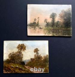 Paire Anciens Petits Tableaux HSP Barbizon Paysages Animés 19ème Signé