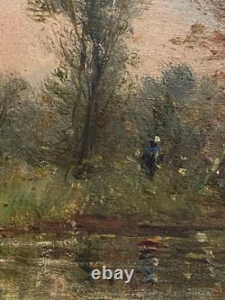 Paire Anciens Petits Tableaux HSP Barbizon Paysages Animés 19ème Signé