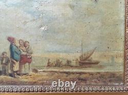 Paire de tableaux anciens, Huile sur toile, Plage animée, Cadre, Peinture, XIXe