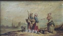 Paire de tableaux anciens, Huile sur toile, Plage animée, Cadre, Peinture, XIXe