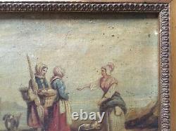 Paire de tableaux anciens, Huile sur toile, Plage animée, Cadre, Peinture, XIXe