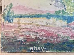 Paysage Huile Sur Carton Signée Bruyères En Fleur Vers 1930 Vintage Ancien