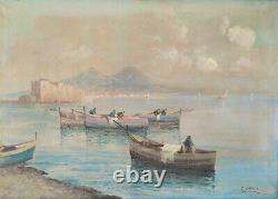 Paysage Marin du Golfe de Naples, Peinture Ancienne à l'huile sur toile signée