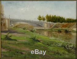 Paysage au pont Eiffel Huile sur carton Ch Cadoret 1900 Peinture tableau ancien