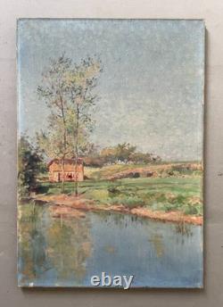 Paysage en bord de rivière, tableau ancien, peinture, signature à identifier