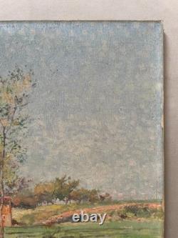 Paysage en bord de rivière, tableau ancien, peinture, signature à identifier