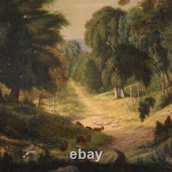 Paysage tableau huile sur toile peinture bucolique 20ème siècle style ancien
