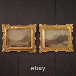Paysage vue de lac tableau ancien huile sur toile peinture cadre 19ème siècle
