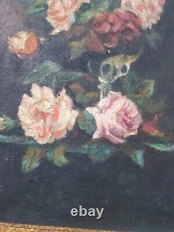 Peinture Ancienne Bouquet De Fleurs Antique Oil Painting Flowers Roses