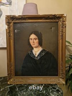 Peinture Ancienne Encadrée Huile Sur Toile Portrait De Femme XIX Ème