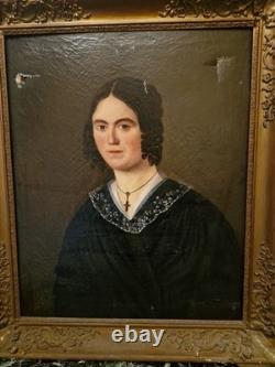 Peinture Ancienne Encadrée Huile Sur Toile Portrait De Femme XIX Ème