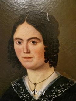 Peinture Ancienne Encadrée Huile Sur Toile Portrait De Femme XIX Ème