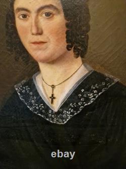 Peinture Ancienne Encadrée Huile Sur Toile Portrait De Femme XIX Ème