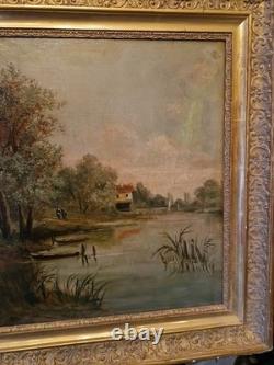 Peinture Ancienne Encadrée Huile Sur Toile Représentant Un Paysage