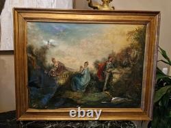 Peinture Ancienne Encadrée Huile Sur Toile Représentant Une Scène Galante