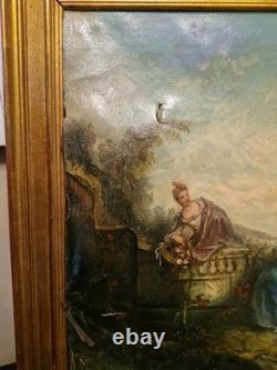 Peinture Ancienne Encadrée Huile Sur Toile Représentant Une Scène Galante
