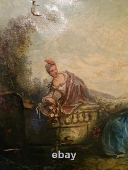Peinture Ancienne Encadrée Huile Sur Toile Représentant Une Scène Galante