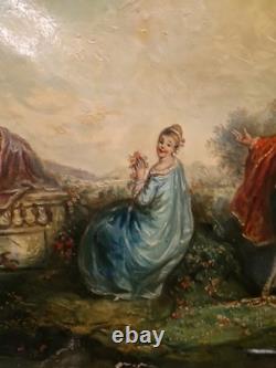 Peinture Ancienne Encadrée Huile Sur Toile Représentant Une Scène Galante
