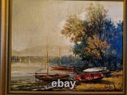 Peinture Ancienne Encadrée, Huile Sur Toile Signée, Paysage Barque
