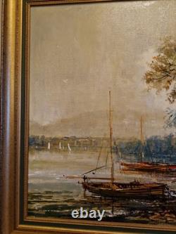 Peinture Ancienne Encadrée, Huile Sur Toile Signée, Paysage Barque