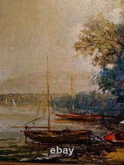 Peinture Ancienne Encadrée, Huile Sur Toile Signée, Paysage Barque