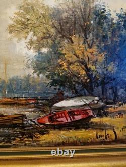 Peinture Ancienne Encadrée, Huile Sur Toile Signée, Paysage Barque