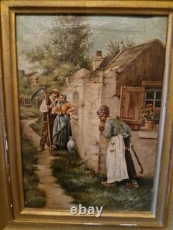 Peinture Ancienne Encadrée Signée, Huile Sur Toile Scène De Vie